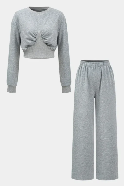 MICAS Pant Sets-Ruched Detail Top And Trousers Set GRAY