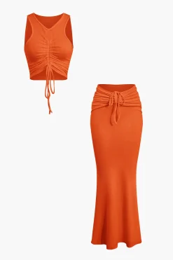 MICAS Skirt Sets|Vacation Sets-Ruched Drawstring Tank Top And Mermaid Maxi Skirt Set