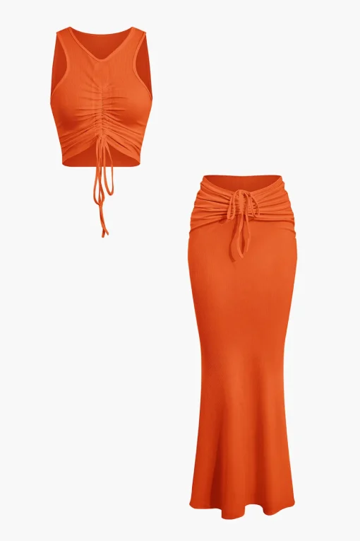 MICAS Skirt Sets|Vacation Sets-Ruched Drawstring Tank Top And Mermaid Maxi Skirt Set