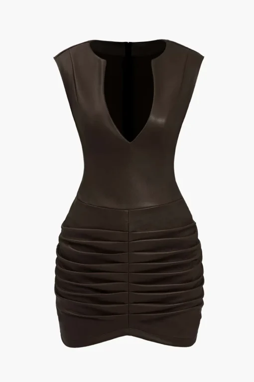 MICAS Mini Dresses-Ruched Faux Leather V-Neck Bodycon Mini Dress