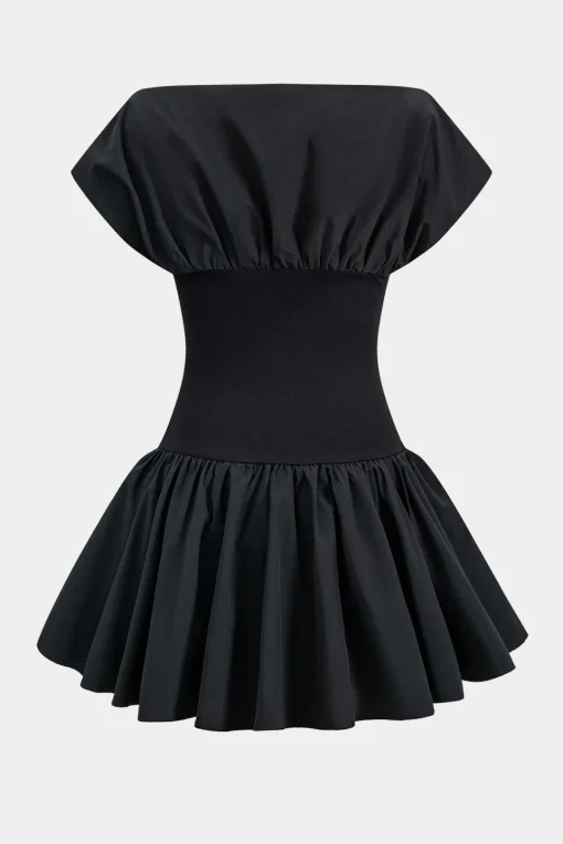 MICAS Mini Dresses-Ruched Patchwork Mini Dress BLACK