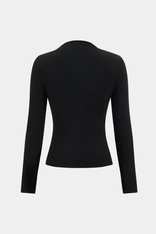 MICAS T-Shirts-Ruched Pleated Design Long Sleeve T-Shirt BLACK