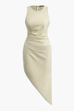 MICAS Midi Dresses-Ruched Sleeveless Asymmetric Hem Midi Dress WHEAT