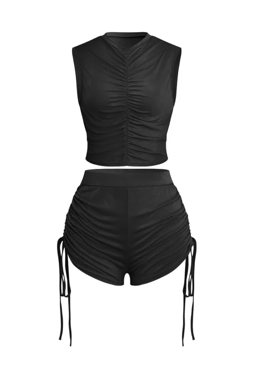 MICAS Short Sets-Ruched Sleeveless Top and Drawstring Shorts Set