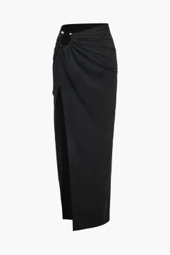 MICAS Skirts-Ruched Slit Midi Skirt BLACK