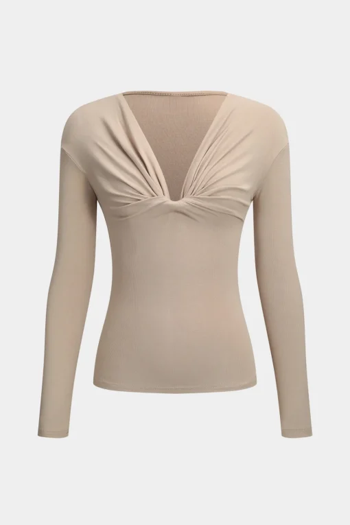 MICAS Long Sleeve Tops|Long Sleeves Tops-Ruched V-Neck Long-Sleeve Top KHAKI
