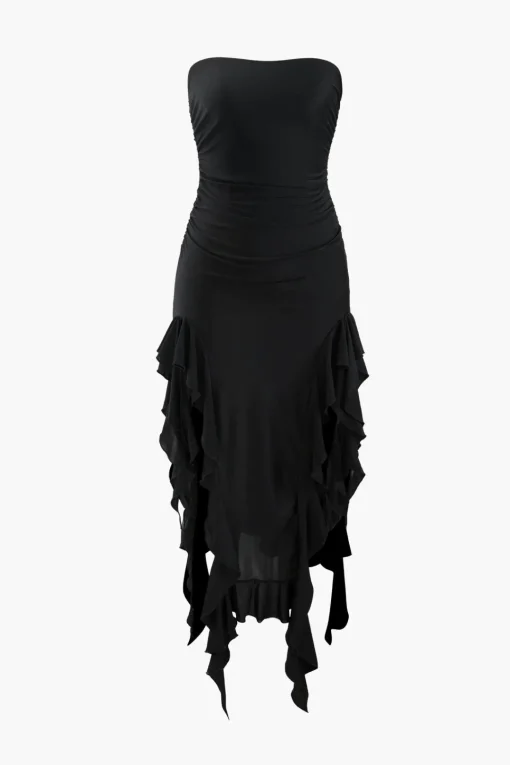 MICAS Midi Dresses-Ruffle Hem Slit Strapless Midi Dress BLACK