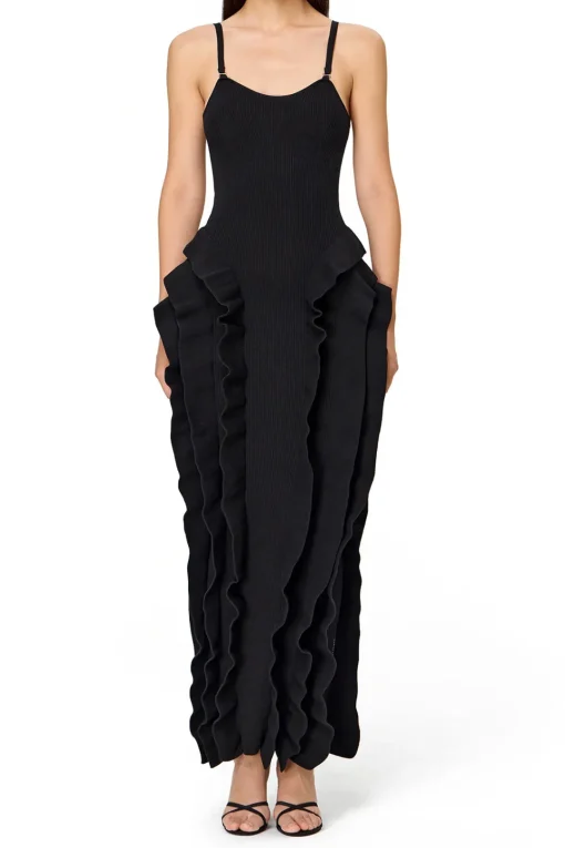 MICAS Midi Dresses-Ruffle Slip Midi Dress BLACK