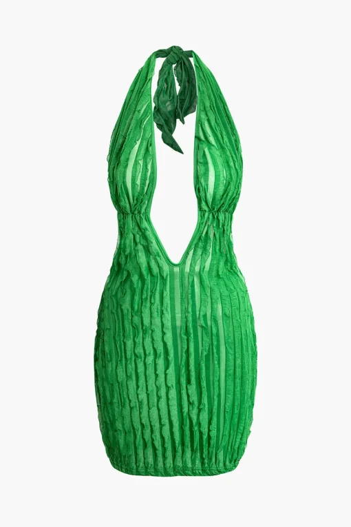 MICAS Mini Dresses-Ruffled Halter Backless Deep V-neck Mini Dress