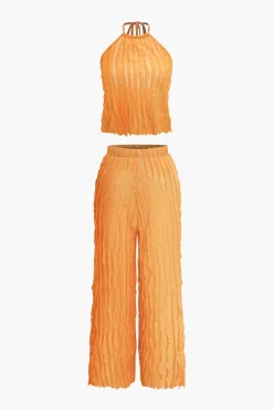 MICAS Pant Sets-Ruffled Textured Halter Crop Top And Wide-Leg Pants Set