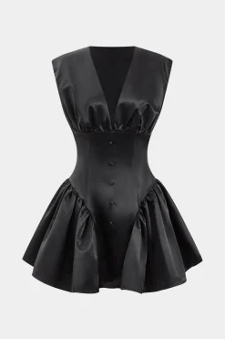 MICAS Mini Dresses-Satin Button Ruched Mini Dress BLACK