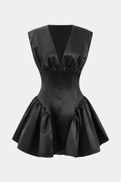 MICAS Mini Dresses-Satin Button Ruched Mini Dress BLACK
