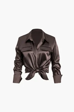 MICAS Long Sleeve Tops|Long Sleeves Tops-Satin Fake Pocket Long-Sleeve Shirt BROWN