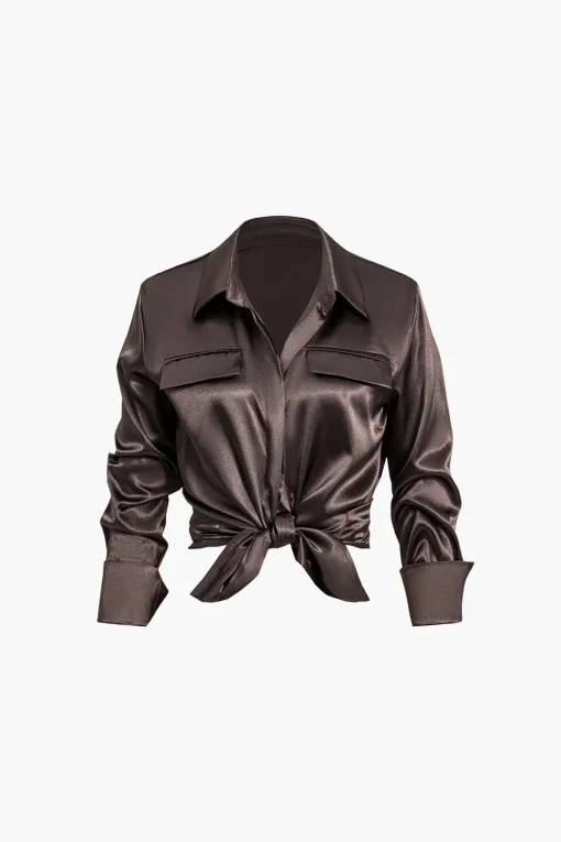 MICAS Long Sleeve Tops|Long Sleeves Tops-Satin Fake Pocket Long-Sleeve Shirt BROWN