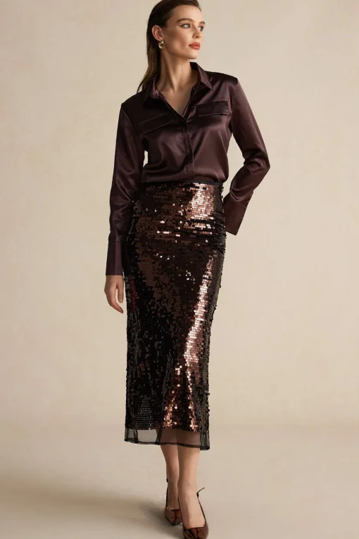 MICAS Long Sleeve Tops|Long Sleeves Tops-Satin Fake Pocket Long-Sleeve Shirt BROWN