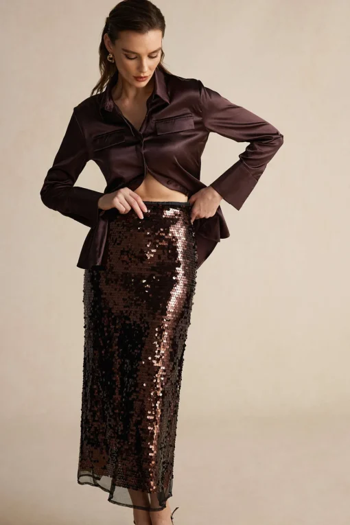 MICAS Long Sleeve Tops|Long Sleeves Tops-Satin Fake Pocket Long-Sleeve Shirt BROWN