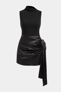 MICAS Mini Dresses-Satin Patchwork Asymmetrical Sleeveless Mini Dress BLACK