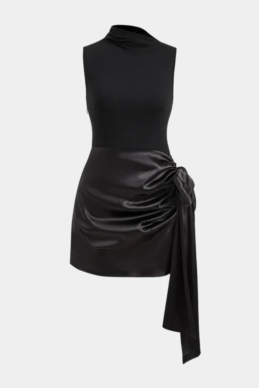 MICAS Mini Dresses-Satin Patchwork Asymmetrical Sleeveless Mini Dress BLACK