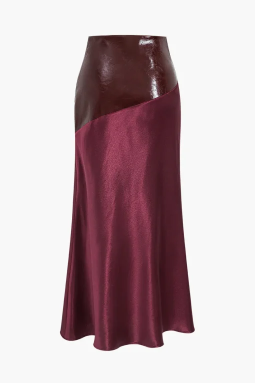 MICAS Skirts-Satin Patchwork Faux Leather Asymmetrical Skirt