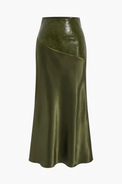 MICAS Skirts-Satin Patchwork Faux Leather Asymmetrical Skirt