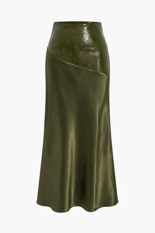 MICAS Skirts-Satin Patchwork Faux Leather Asymmetrical Skirt