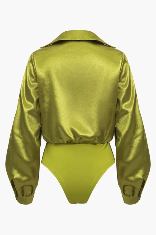 MICAS Bodysuits-Satin Patchwork Long Sleeve Bodysuit LIME