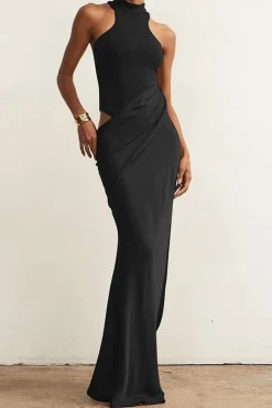 MICAS Maxi Dresses-Satin Patchwork Sleeveless Maxi Dress