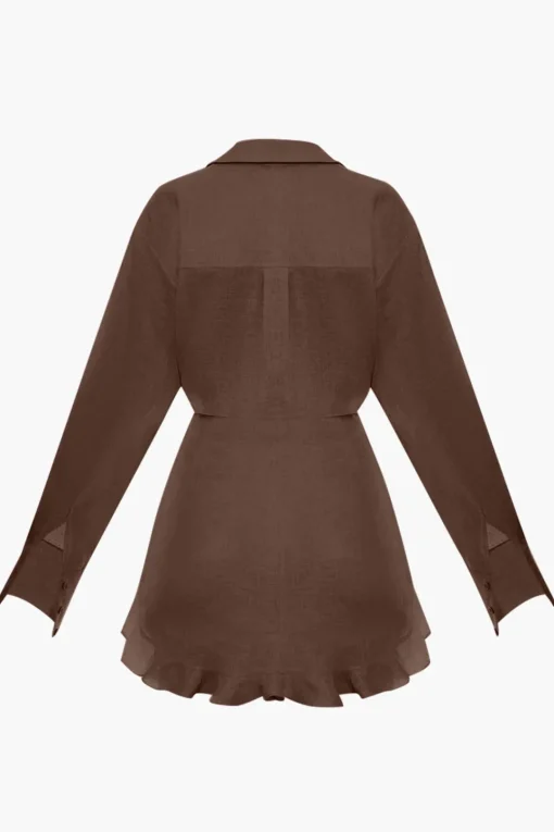MICAS Long Sleeve Dresses|Mini Dresses-Satin Tie Front Ruffle Long Sleeve Mini Dress
