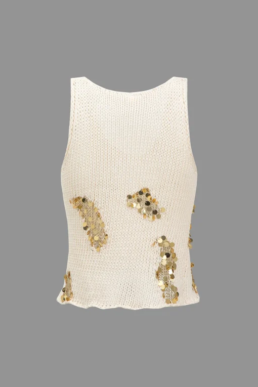 MICAS Knit Tops-Sequin Sweater Cut Out Tank Top WHITE