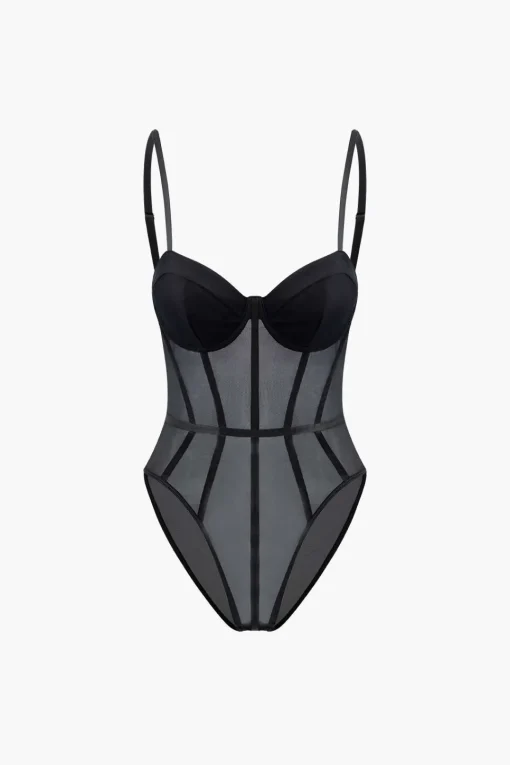 MICAS Bodysuits|Corset & Bustier Tops-Sheer Bustier Corset Bodysuit BLACK