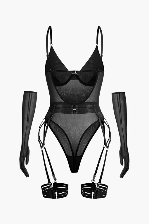 MICAS Lingerie & Sleepwear-Sheer Mesh Belted Backless Bodysuit With Glove BURGUNDY