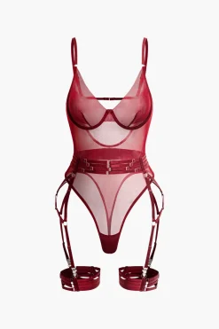 MICAS Lingerie & Sleepwear-Sheer Mesh Belted Backless Bodysuit With Glove BURGUNDY