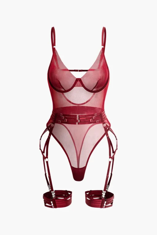 MICAS Lingerie & Sleepwear-Sheer Mesh Belted Backless Bodysuit With Glove BURGUNDY