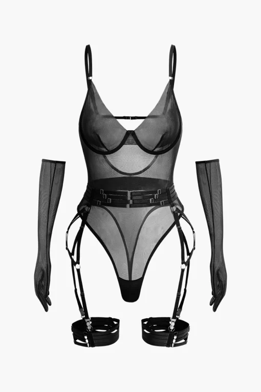 MICAS Lingerie & Sleepwear-Sheer Mesh Belted Backless Bodysuit With Glove BURGUNDY