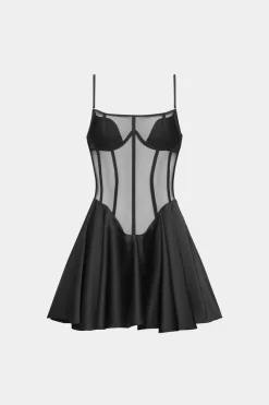 MICAS Mini Dresses-Sheer Mesh Corset Bustier Mini Dress BLACK
