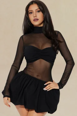 MICAS Long Sleeve Dresses|Mini Dresses-Sheer Mesh Patchwork Long Sleeve Mini Dress BLACK