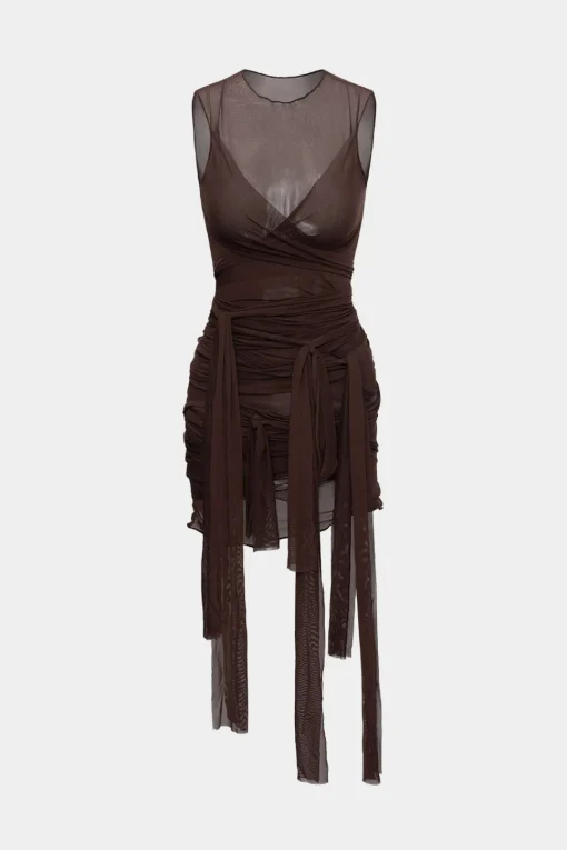 MICAS Midi Dresses-Sheer Mesh Wrap Tie Ribbon Mini Dress