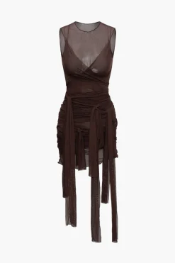 MICAS Midi Dresses-Sheer Mesh Wrap Tie Ribbon Mini Dress