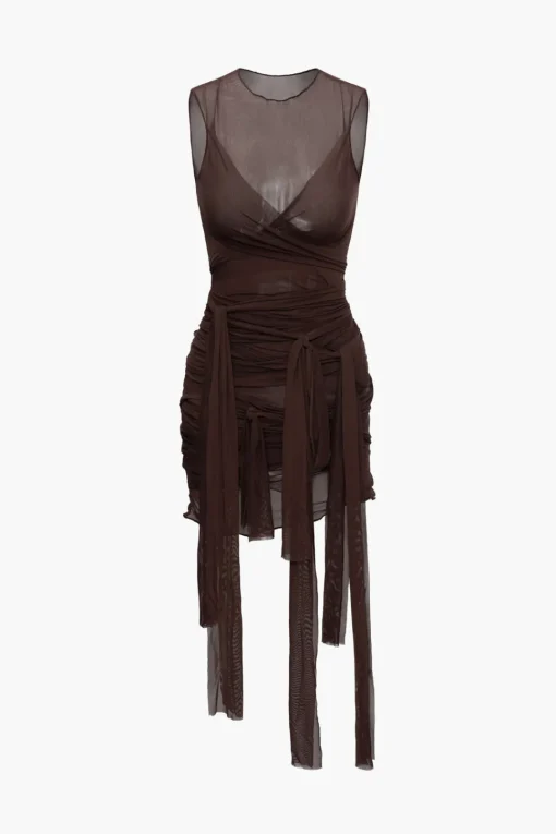 MICAS Midi Dresses-Sheer Mesh Wrap Tie Ribbon Mini Dress