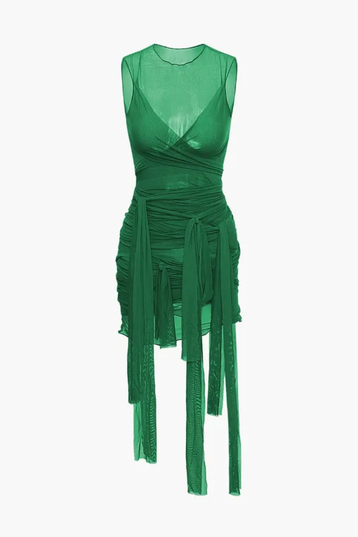 MICAS Midi Dresses-Sheer Mesh Wrap Tie Ribbon Mini Dress