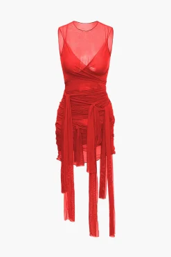 MICAS Midi Dresses-Sheer Mesh Wrap Tie Ribbon Mini Dress