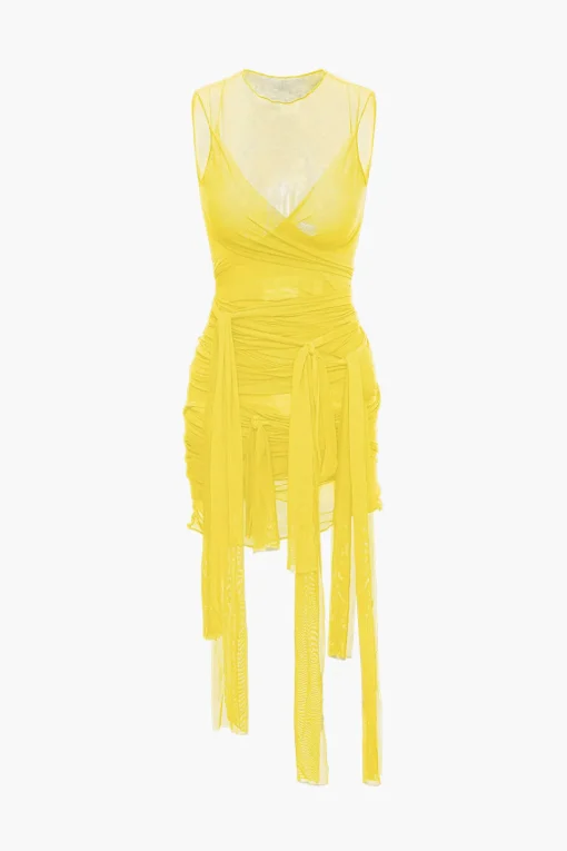 MICAS Midi Dresses-Sheer Mesh Wrap Tie Ribbon Mini Dress