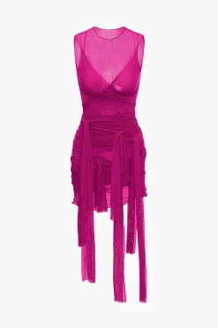 MICAS Midi Dresses-Sheer Mesh Wrap Tie Ribbon Mini Dress
