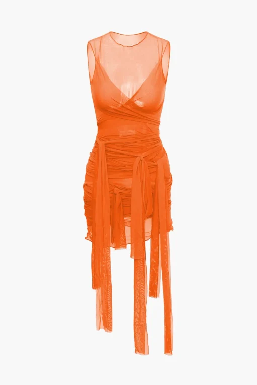 MICAS Midi Dresses-Sheer Mesh Wrap Tie Ribbon Mini Dress