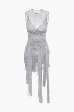 MICAS Midi Dresses-Sheer Mesh Wrap Tie Ribbon Mini Dress