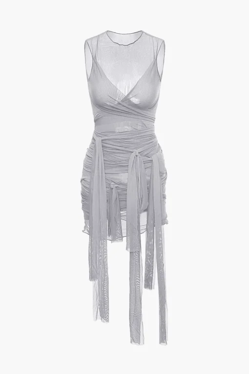 MICAS Midi Dresses-Sheer Mesh Wrap Tie Ribbon Mini Dress