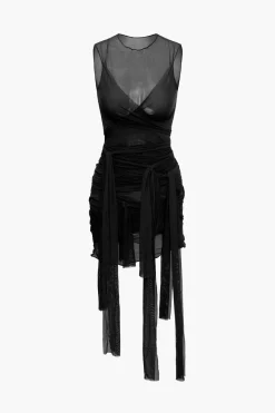 MICAS Midi Dresses-Sheer Mesh Wrap Tie Ribbon Mini Dress
