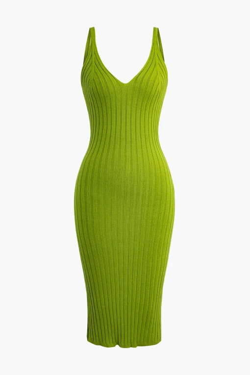 MICAS Knit Dresses-Sleeveless V-Neck Knit Midi Dress