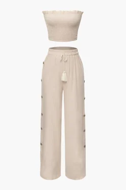 MICAS Pant Sets-Smocked Tube Top And Side Button Pants Set KHAKI
