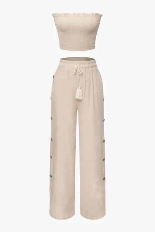 MICAS Pant Sets-Smocked Tube Top And Side Button Pants Set KHAKI